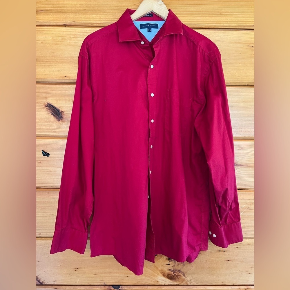 Tommy Hilfiger Women's Red Long Sleeves 16 1/2 34-35 Pockets Cotton Shirt